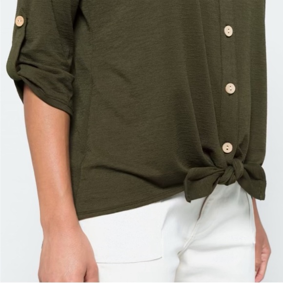 Olive Button Down Tie Front Knit Top Size XXL - Picture 4 of 6